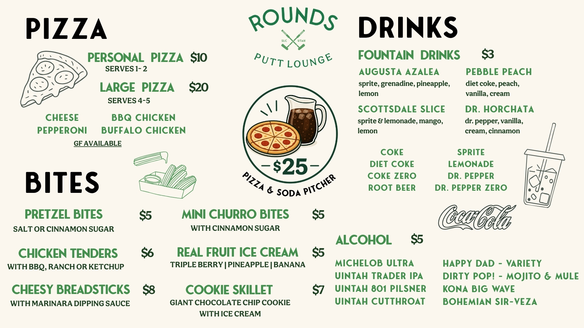 Rounds Putt Lounge food & drink menu: pizza, bites, fountain drinks, and alcohol